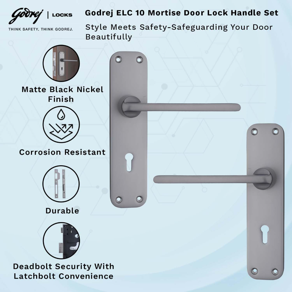 Godrej Mortise Lock I Door Handle Lock For Main & Internal Door | ELC 10 | 6-Lever Locking Mechanism | Reversible Latch | Lock For Wooden Doors (Matt Black Nickel Finish) | 1 Year Warrenty